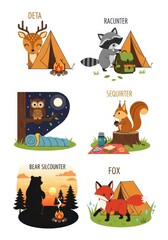 Fototapeta premium Cute Forest Animals Camping Vector Illustration Set with Deer Raccoon Owl Squirrel Bear and Fox in Outdoor Settings