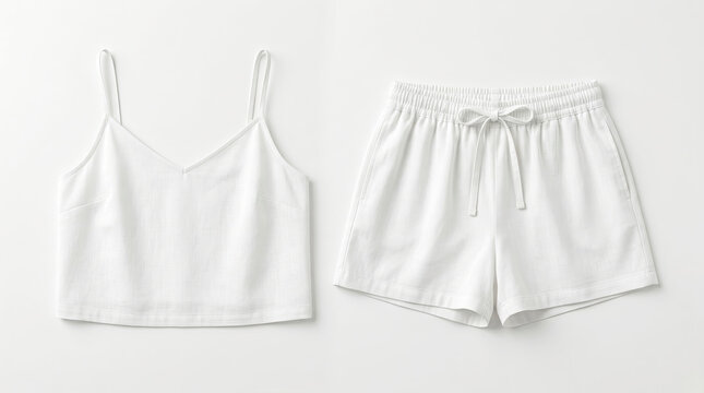 A woman's white camisole and shorts set on a clean surface