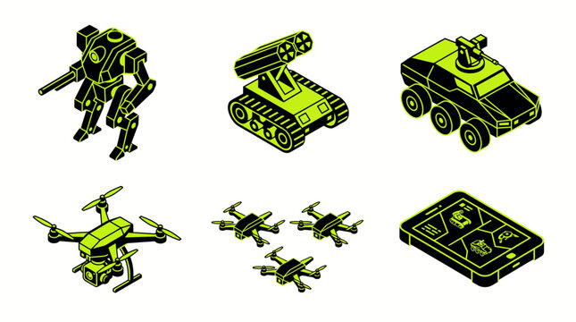 Isometric military robotic equipment vector icon set. Autonomous combat drones, unmanned ground vehicle tank, bipedal war robot mecha, and remote control tablet. Modern duotone defense technology illu