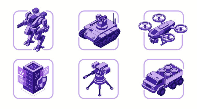 Unmanned military vehicles and cyber defense infrastructure isometric vector illustration. Futuristic autonomous weapons, combat robot, military database server, and transport truck badges in purple d
