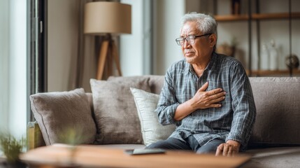 Fototapeta premium Senior man experiencing chest pain in a cozy home setting, urgent domestic health moment