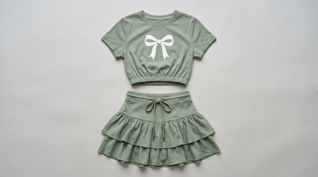 Green two-piece outfit with bow on top laid flat on surface