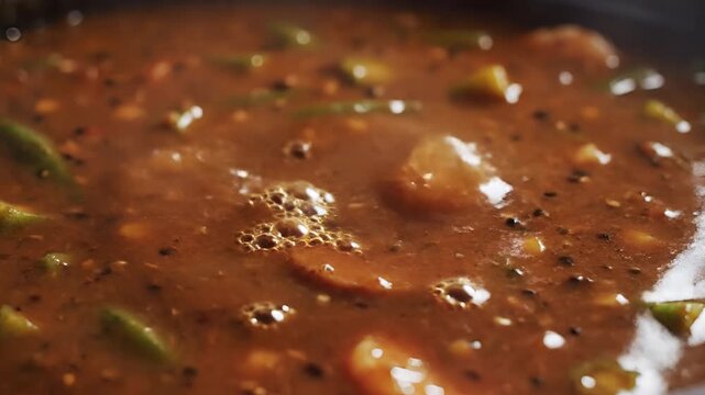 Close up of simmering gumbo with okra and sausage bubbling in a pot.