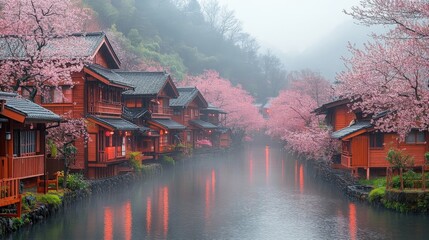 Obraz premium Idyllic Village Scene With Cherry Blossoms Overlooking A Serene River During Springtime With Wooden