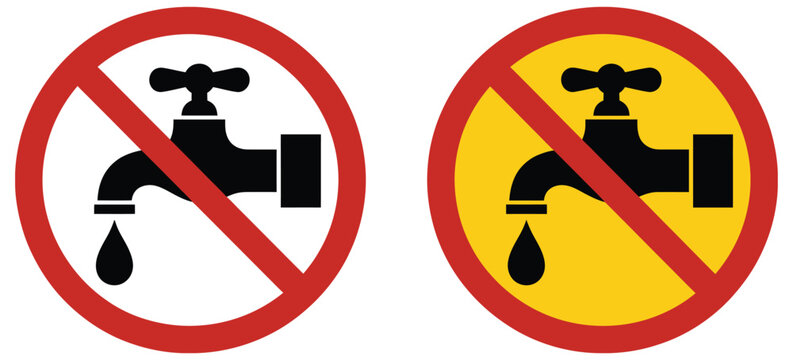 Water prohibition icon set, flat vector collection of no drinking water symbols, water restriction warning signs, public health alert icons, hazard communication graphics, safety signage elements for 