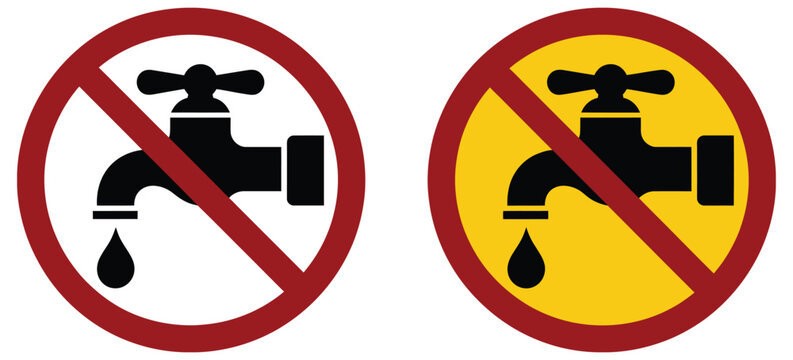 Water ban icon set, flat vector style collection of water prohibition symbols, no potable water warning signs, restricted access hydration alerts, health safety hazard icons, regulatory compliance 
