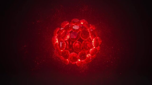A mesmerizing cluster of vibrant red gemstones forms a spherical shape against a deep, dark background, creating a striking visual display of luxury and brilliance.