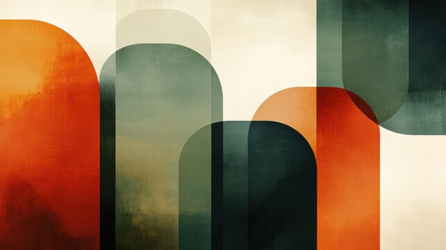 Geometric abstraction with overlapping ovals and rectangles in earthy tones showing a blend of shapes and colors in a modern design setting