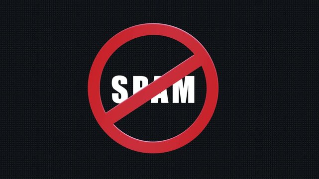 Stop spam animation with prohibition sign illustrating digital security, anti-virus protection, and blocking unsolicited electronic junk mail and phishing scams