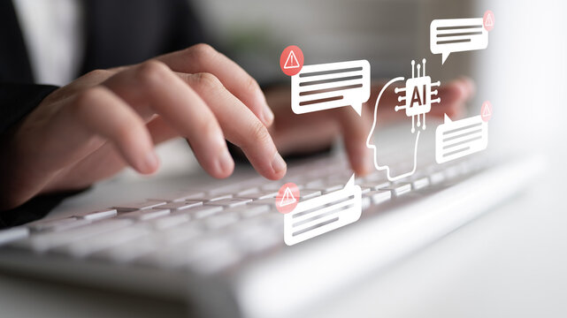 A close-up view of hands typing on a keyboard with conceptual AI graphics. The image represents modern technology, communication, and data security in an office environment. Gantry