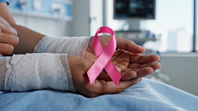 Patient's hands hold pink ribbon on hospital bed
