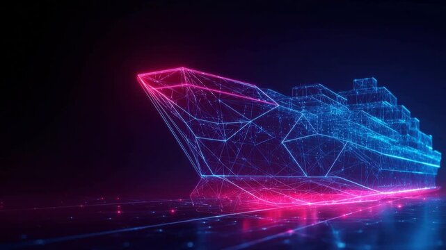 Digital cruise ship constructed from neon blue and pink geometric lines on a dark, reflective surface. ..Created with Generative AI, not depicting real subjects.