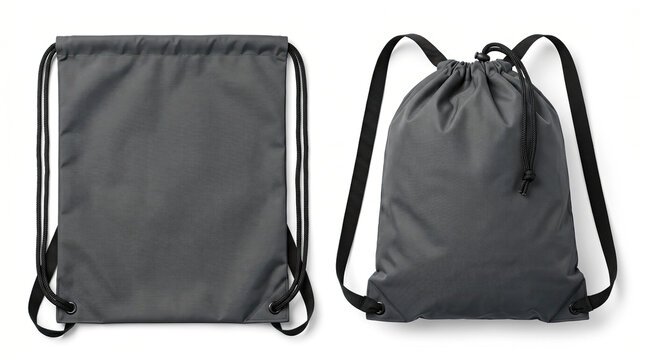 Two gray drawstring backpacks shown from front and side on white background
