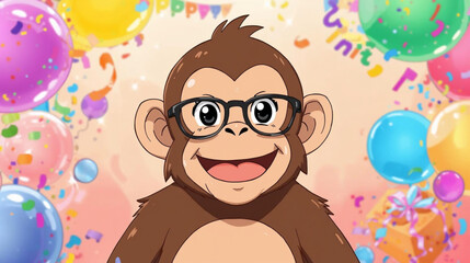 Funny monkey in glasses at a birthday background illusration © Pemuda