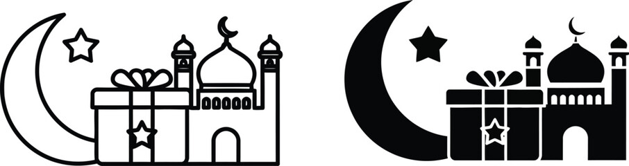 Eid celebration illustration with mosque and gift box © Muslim