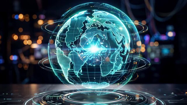 Glowing digital globe with interconnected nodes, representing global communication, technology, and networking