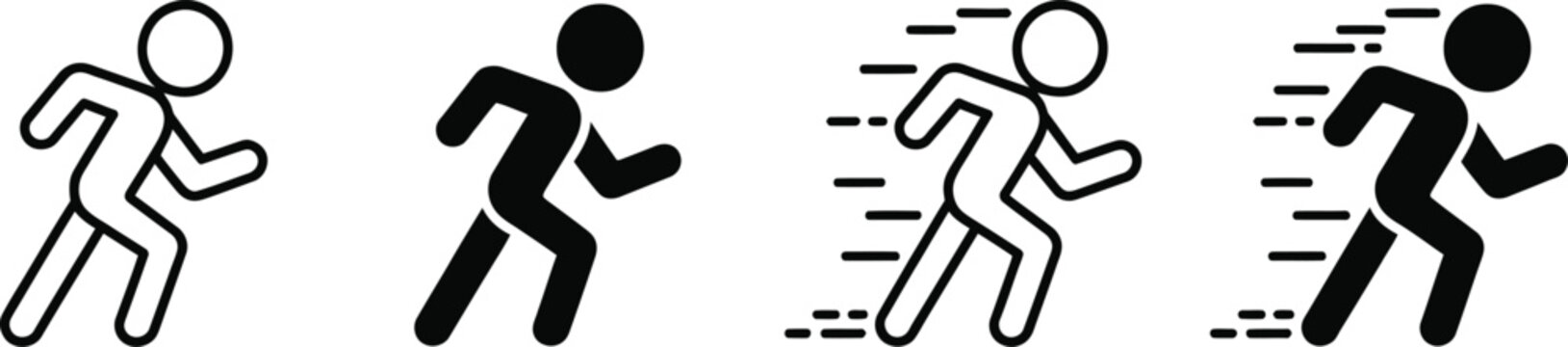 Four running person black and white running runner stick figure running