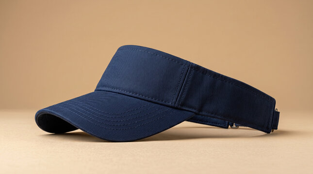 A stylish navy blue sports visor lies on a beige surface indoors.