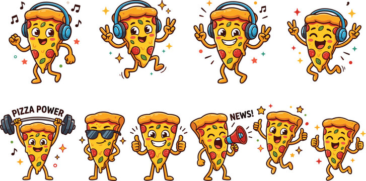 Funny Pizza Slice Cartoon Character Set with Different Poses Wearing Headphones Lifting Weights and Holding Megaphone for Creative Fast Food Restaurant Branding