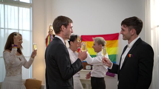 Same sex couple talking and celebrating with champagne during an LGBTQ Pride gathering with friends at home