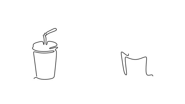 Animated self drawing of continuous line draw of  Fast Food Line Art Drink, Chicken Leg, French Fries.    Full length one line animation. 4K