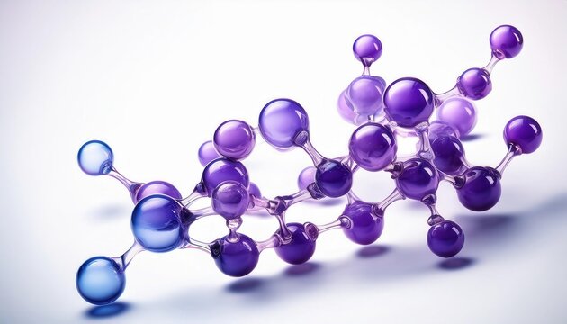 Realistic blue light and purple molecular structure against a white background showcasing biotech elements