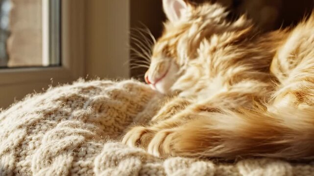 Adorable fluffy ginger kitten peacefully naps on a cozy textured knitted surface bathed in warm sunlight streaming through a nearby window, embodying tranquil feline slumber