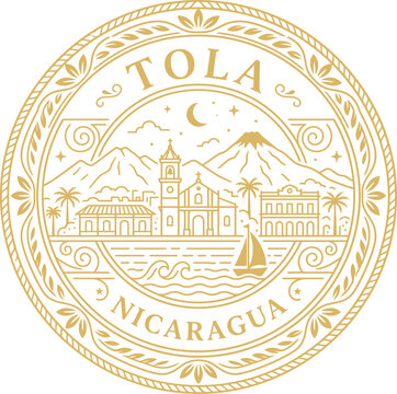 Tola Nicaragua vintage emblem badge with colonial architecture and landscape vector