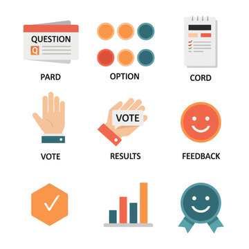 Customer feedback and voting icon set with survey results charts and quality badge.