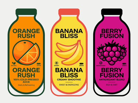 Flat Vector Illustration of Three Colorful Juice Bottle Labels: Orange Rush, Banana Bliss, and Berry Fusion. Modern Smoothie and Healthy Drink Packaging Design Template.