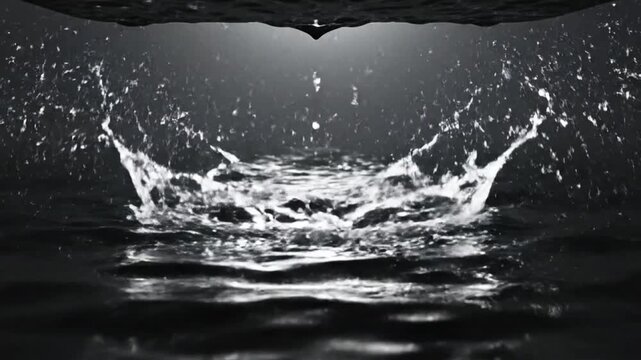 Dramatic slow-motion droplet impact and splash on dark ocean water surface, cinematic effects
