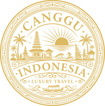 Canggu Indonesia luxury travel emblem with Balinese temple and surfing vector