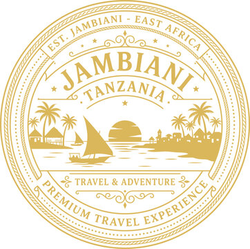 Jambiani Tanzania travel emblem with tropical beach and dhow boat illustration