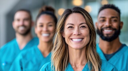 Fototapeta premium Diverse group of smiling healthcare professionals in teal scrubs standing together outdoors
