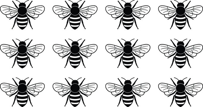 Black and white bee silhouette pattern, twelve insect illustrations grid, minimal nature artwork, decorative design repetition, symmetrical animal icon style