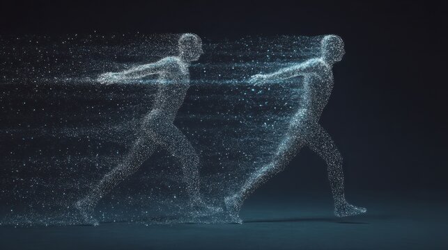 Abstract digital twins made of particles interacting in cyberspace. Futuristic visualization of avatars, AI identity, virtual communication and cybersecurity systems
