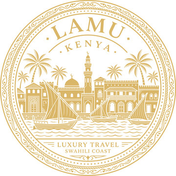 Lamu Kenya luxury travel emblem with dhow boats and architecture