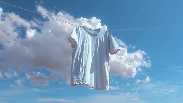 White t-shirts hanging on a clothesline blowing in the wind with a clear sky in the background
