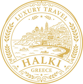 Luxury travel emblem featuring Halki Greece coastal village line art