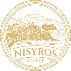Nisyros Greece vintage emblem logo with coastal island village illustration