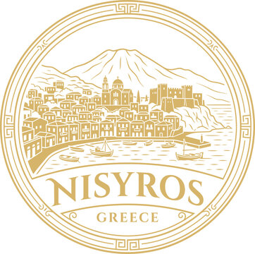 Nisyros Greece vintage emblem logo with coastal island village illustration