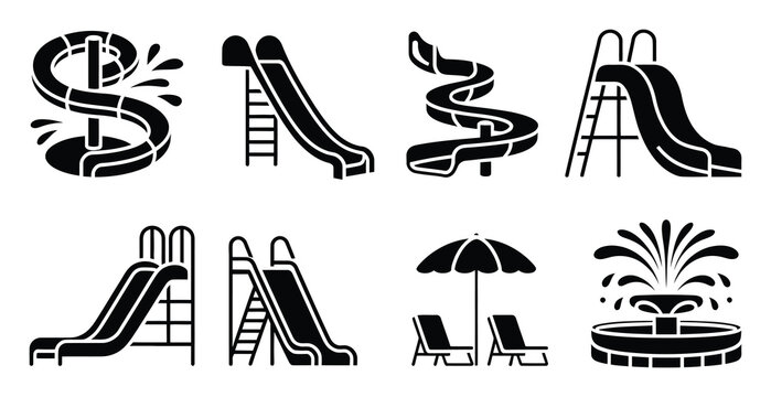 Water slide icons illustration, black silhouette set of aqua park attractions, summer recreation symbols, leisure entertainment graphics, water park activity signage elements, fun holiday vacation 