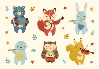 Obraz premium A heartwarming band of animal friends performs cheerful songs together.
