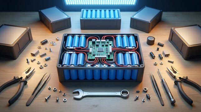 A disassembled battery pack with tools and components on a workbench
