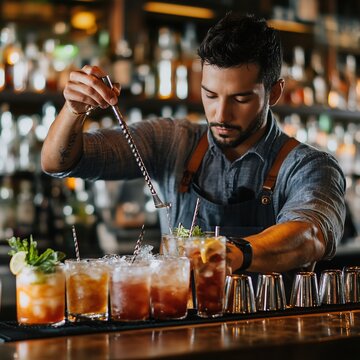 Expert Mixologist Preparing Multiple Craft Cocktails with Bar Spoon and Jiggers in a Modern Lounge