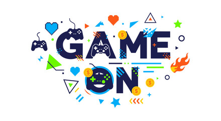 Game On Text with Gaming Elements, Controllers, Coins, Hearts, Shapes © Alis