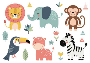Cute safari animals surrounded by tropical plants create delightful decorative nursery compositions © Chelsea