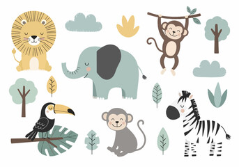 Adorable illustrated elephant lion tiger monkey and sloth enjoying peaceful tropical surroundings © Chelsea