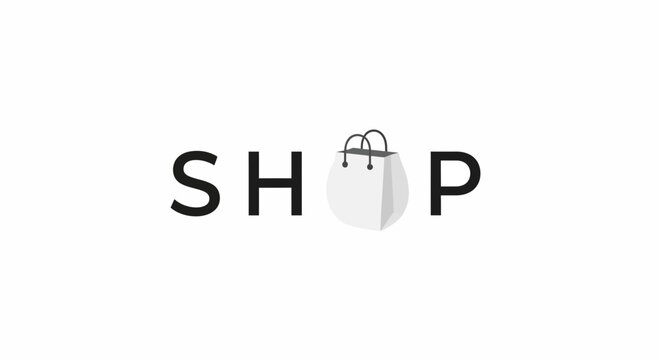 Shopping bag replaces letter O in the word SHOP, minimalist design on white background