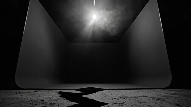 Dramatic studio scene with a single light bulb shining into a dark, empty space with a cracked floor